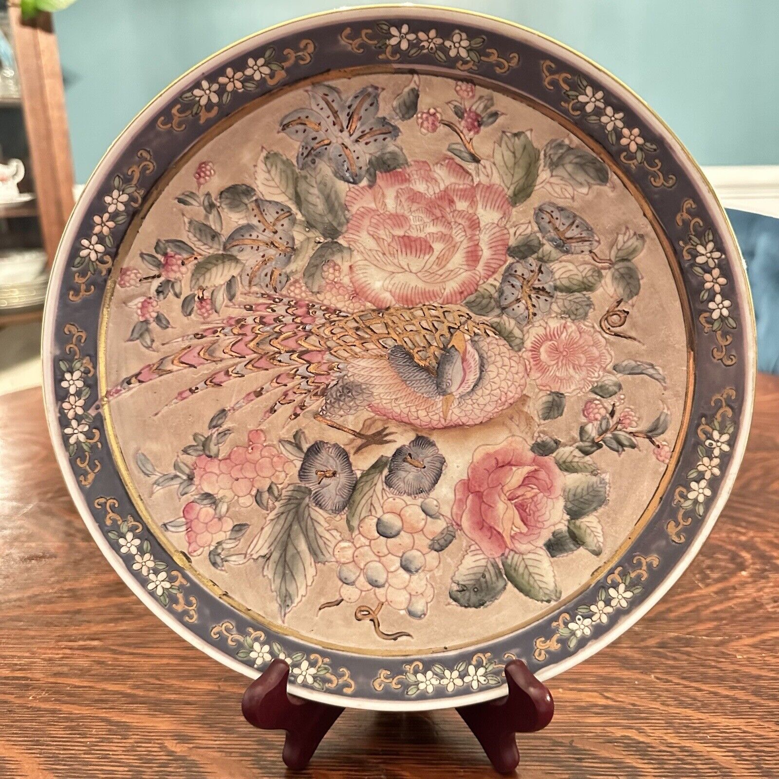 Vintage 10” Ceramic Hand Painted Macau Pink Blue Gold Pheasant Decorative Plate 