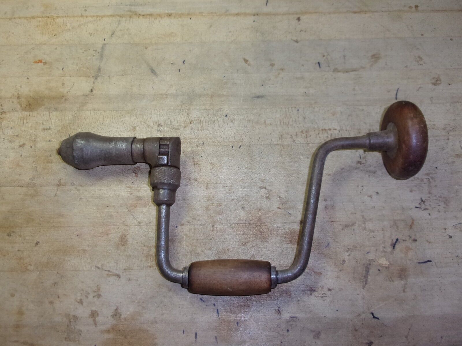 antique PS&W co. hand crank drill wooden handles