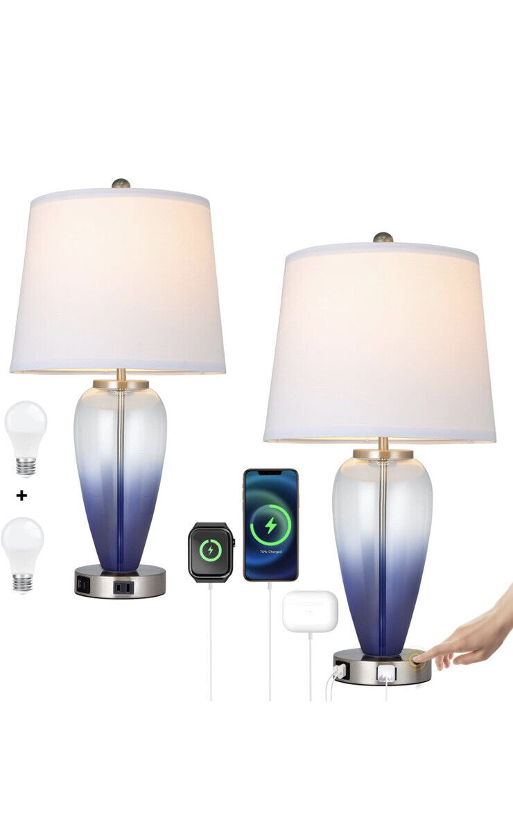 AKASUKI Blue Glass Table Lamp for Living Room Set of 2 with USB Port and Outlet