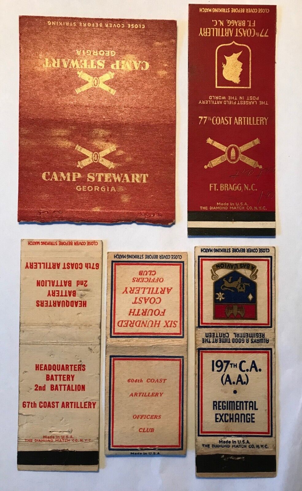 5  Matchbook Covers US Army Coast Artillery  All Different 