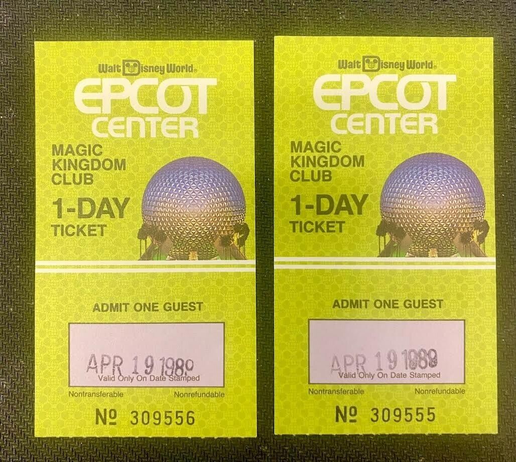 (2) Vintage 1989 WALT DISNEY WORLD EPCOT Ticket  Magic Kingdon Club CollectIble.
