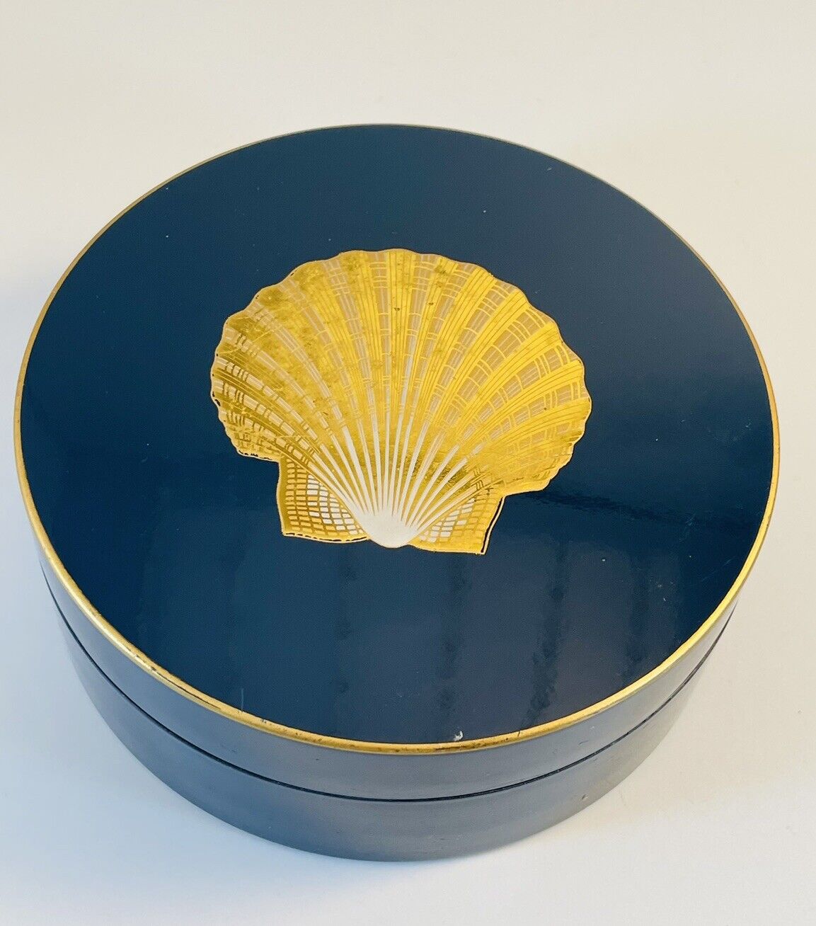 Vintage Set 6 Navy & Gold Lacquer OTAGIRI Japan Sea shell Coaster Set With Case