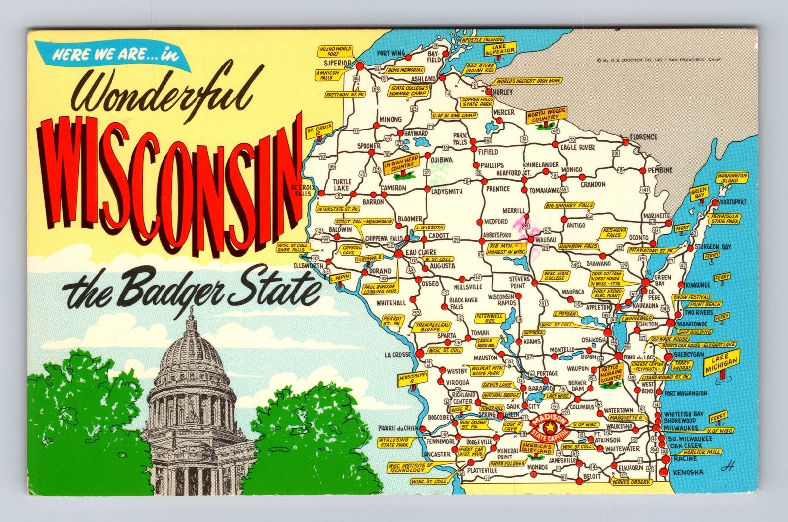 Wonderful Wisconsin, The Badger State, State Map, Capitol, Vintage Postcard