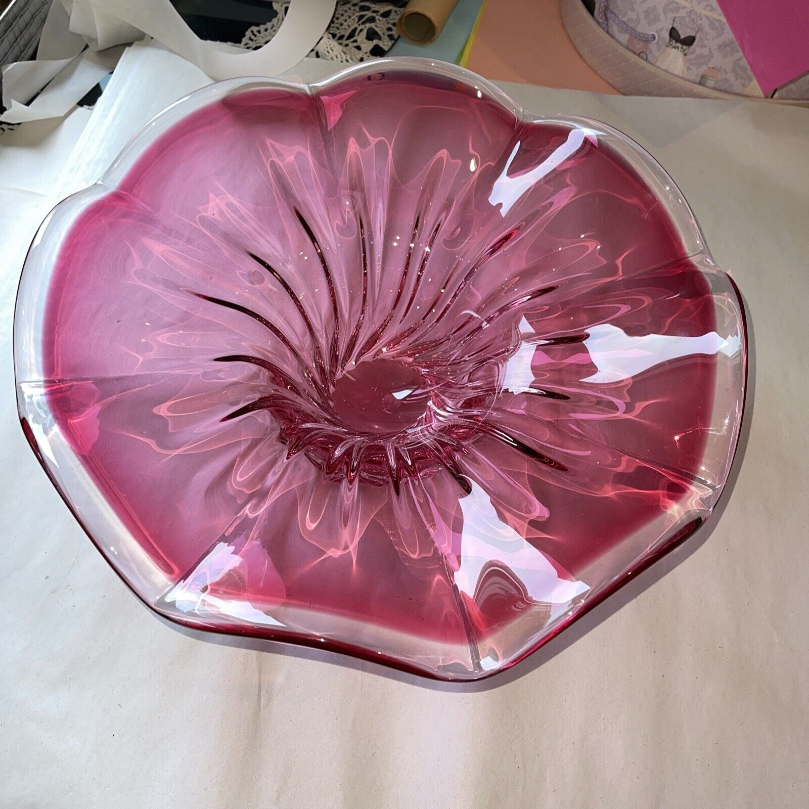 Gorgeous VTG Large Egermanm, Cranberry Glass Heavy Decor, Decorative Fruit Bowl