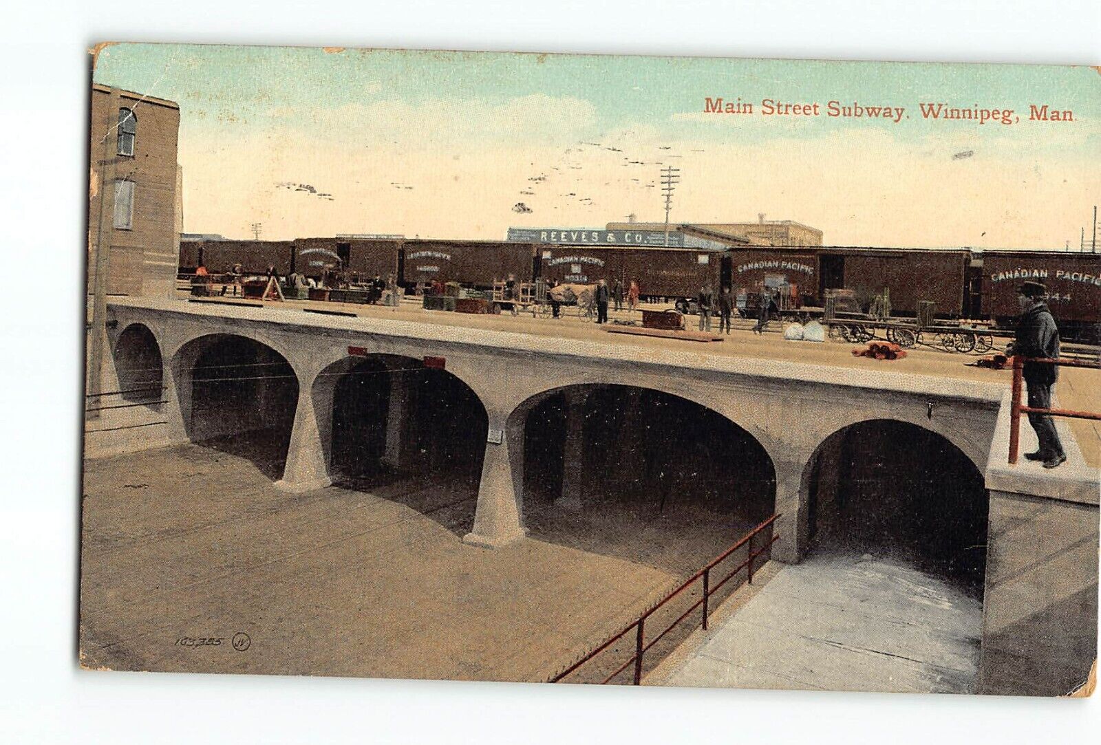 Old 1908 Postcard of Main Street Subway Winnipeg Manitoba Canada w/ train