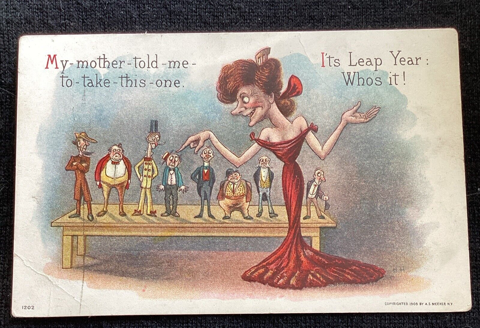 Vintage Leap Year Postcard Embossed Woman Picking Miniature Man Crease
