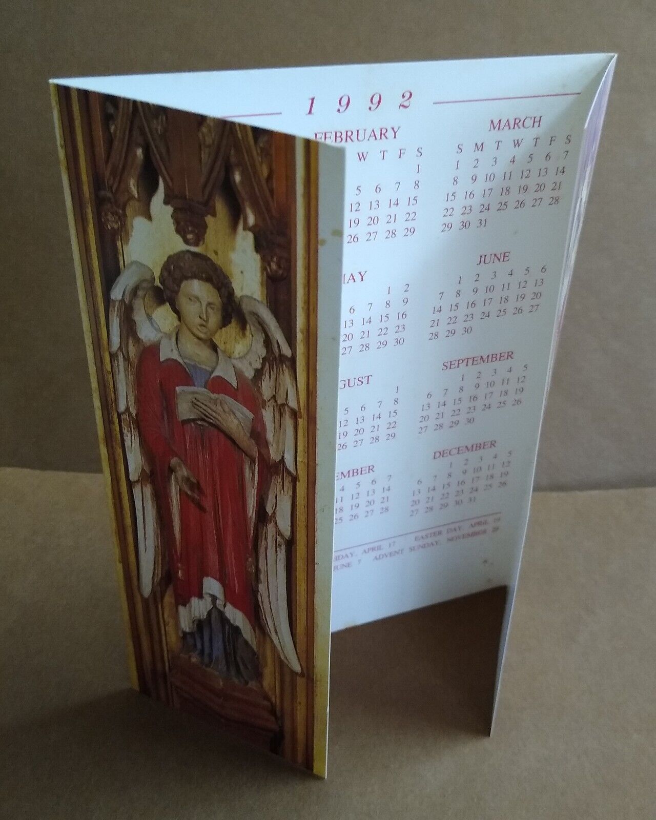 Vintage 1992 Calendar Card, Christmas Angels, Washington National Cathedral DC 