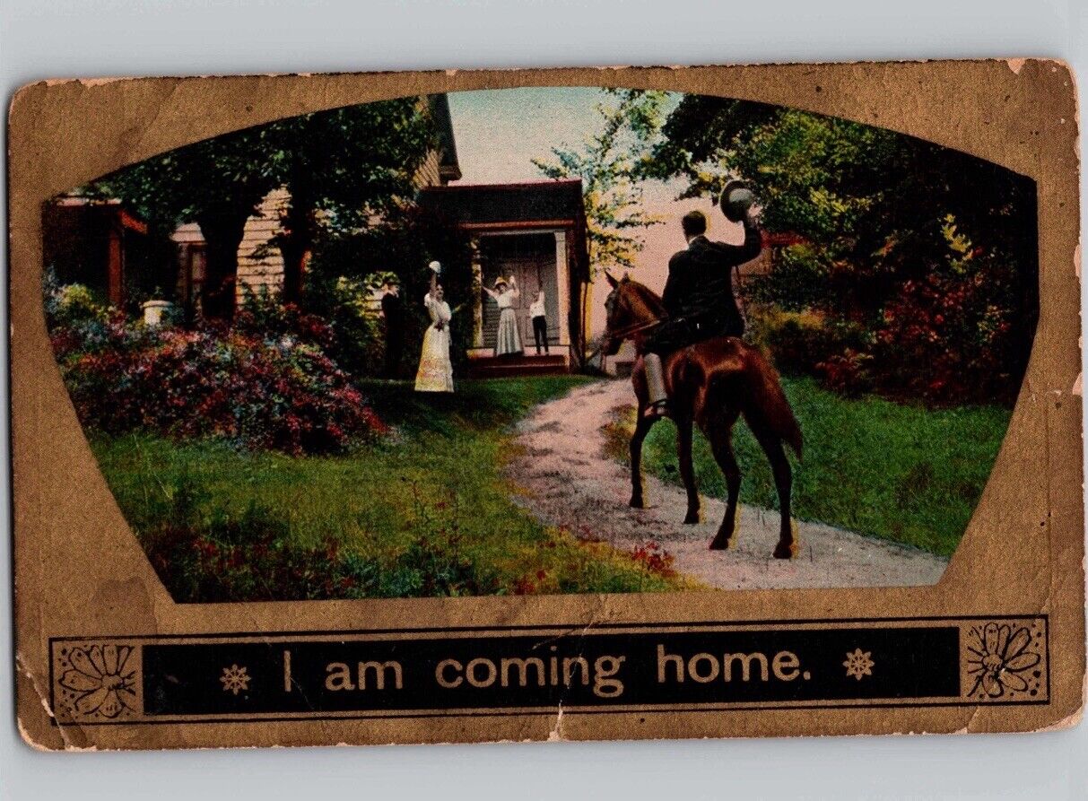c1909 I Am Coming Home Father On Horse Family Gold Gilt Metamora OH Postcard