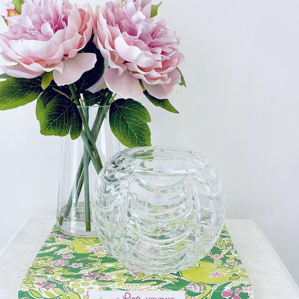 Tiffany & Co. Royal Brierley Lead Crystal Swag Rose Bowl Vase Acid Etched Signed