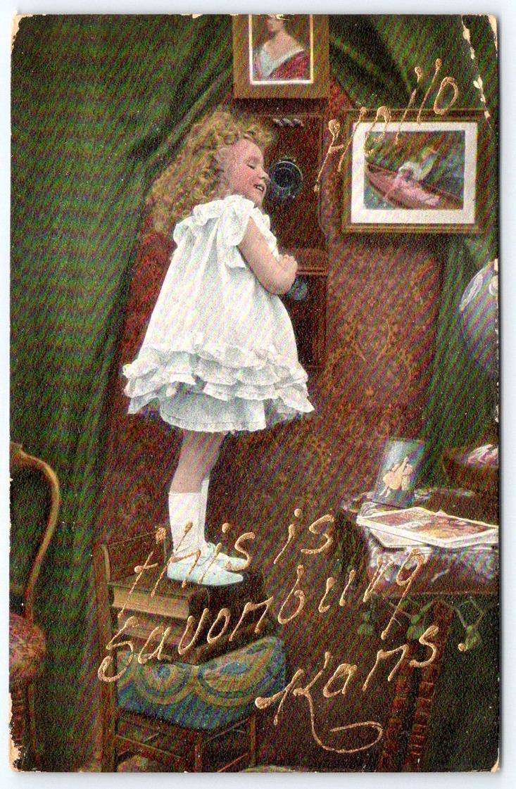 1909 SAVONBURG KANSAS PRETTY LITTLE GIRL FANCY DRESS ON TELEPHONE POSTCARD