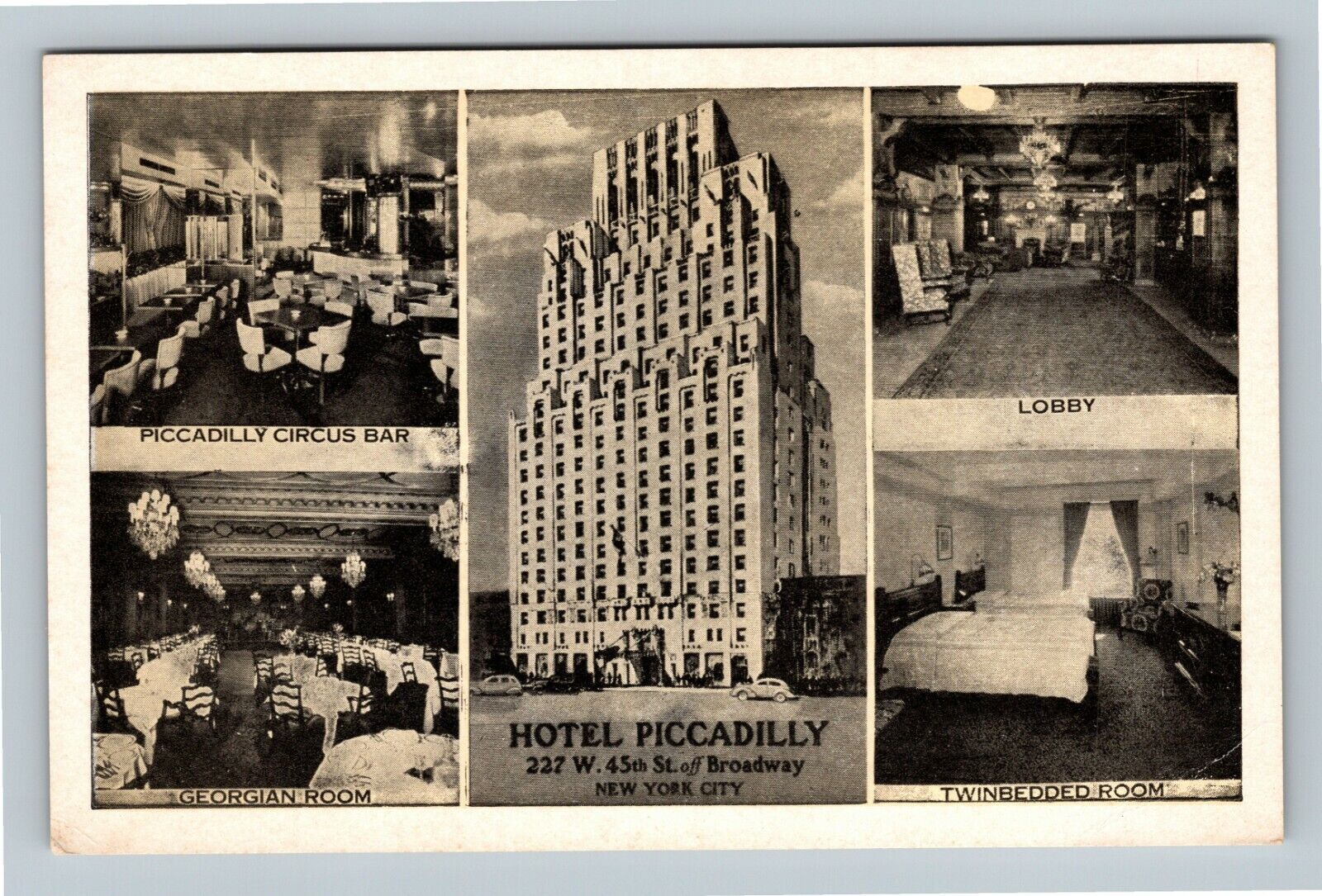 Hotel Piccadilly, Circus Lounge, Lobby Razed 1982 Vintage New York City Postcard