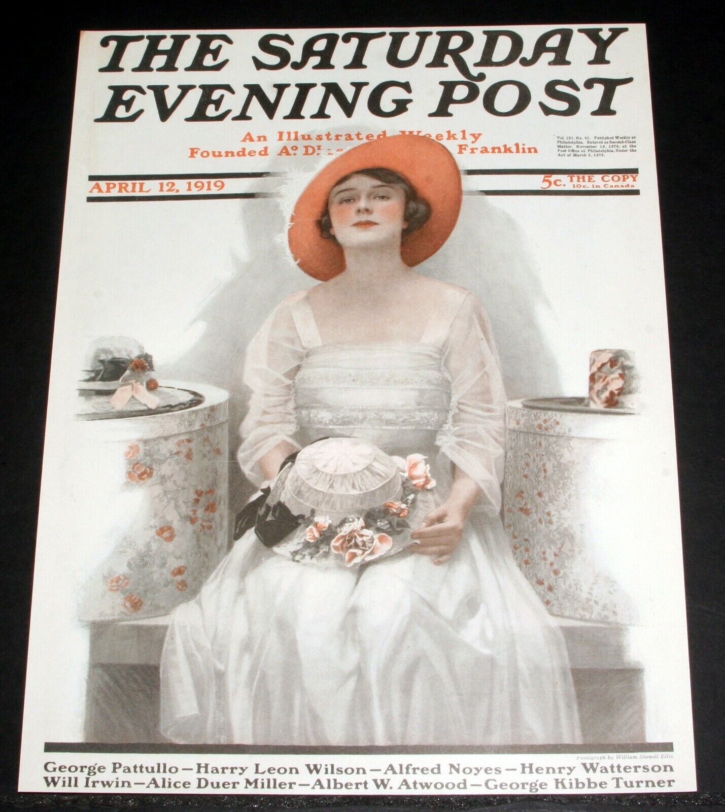1919 APRIL 12, OLD SATURDAY EVENING POST MAGAZINE COVER, WILLIAM ELLIS HAT ART