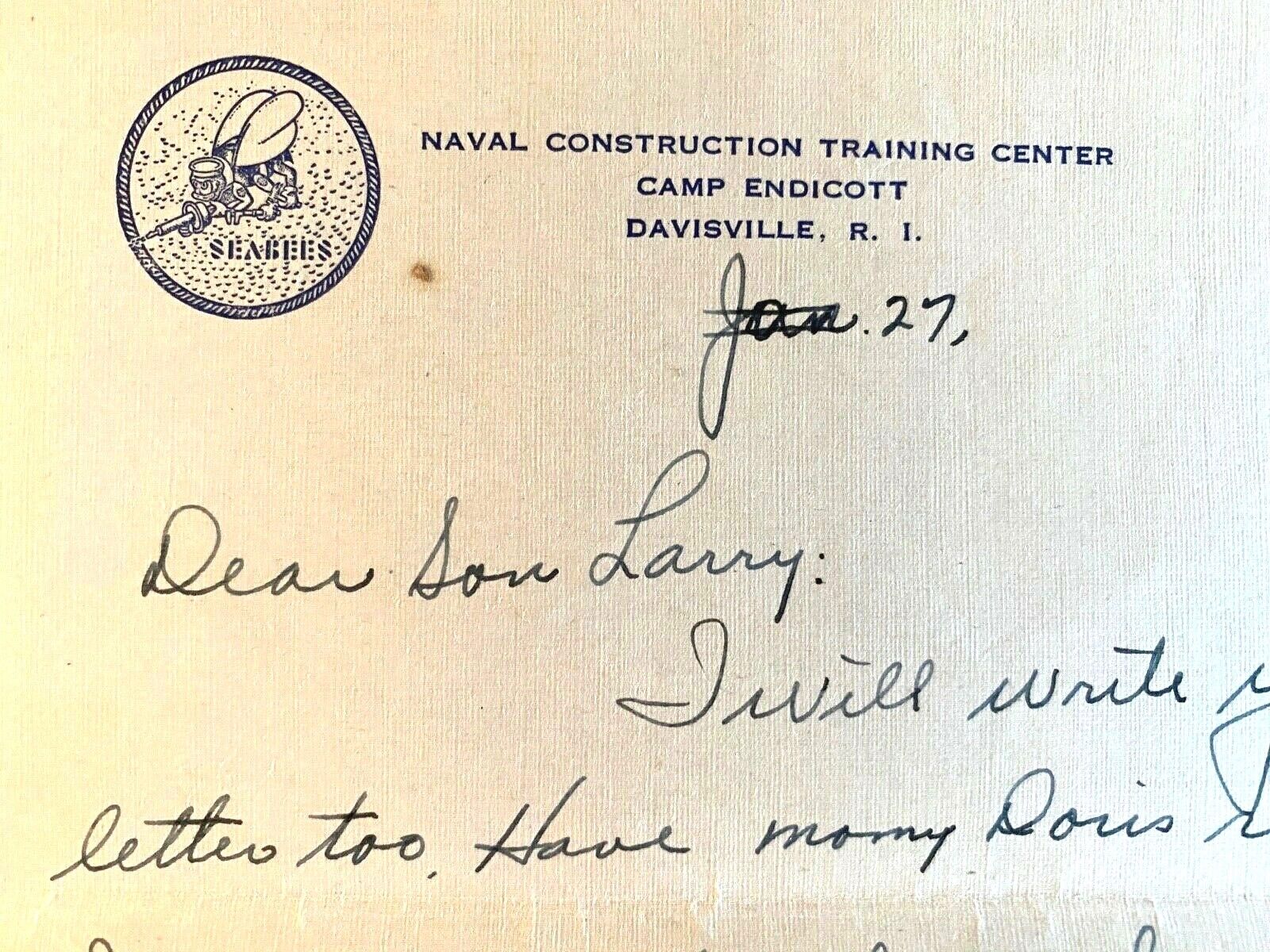 1941 WWII SEABEES, CAMP ENDICOTT Letter from Dad to Son DAVISVILLE, RHODE ISLAND