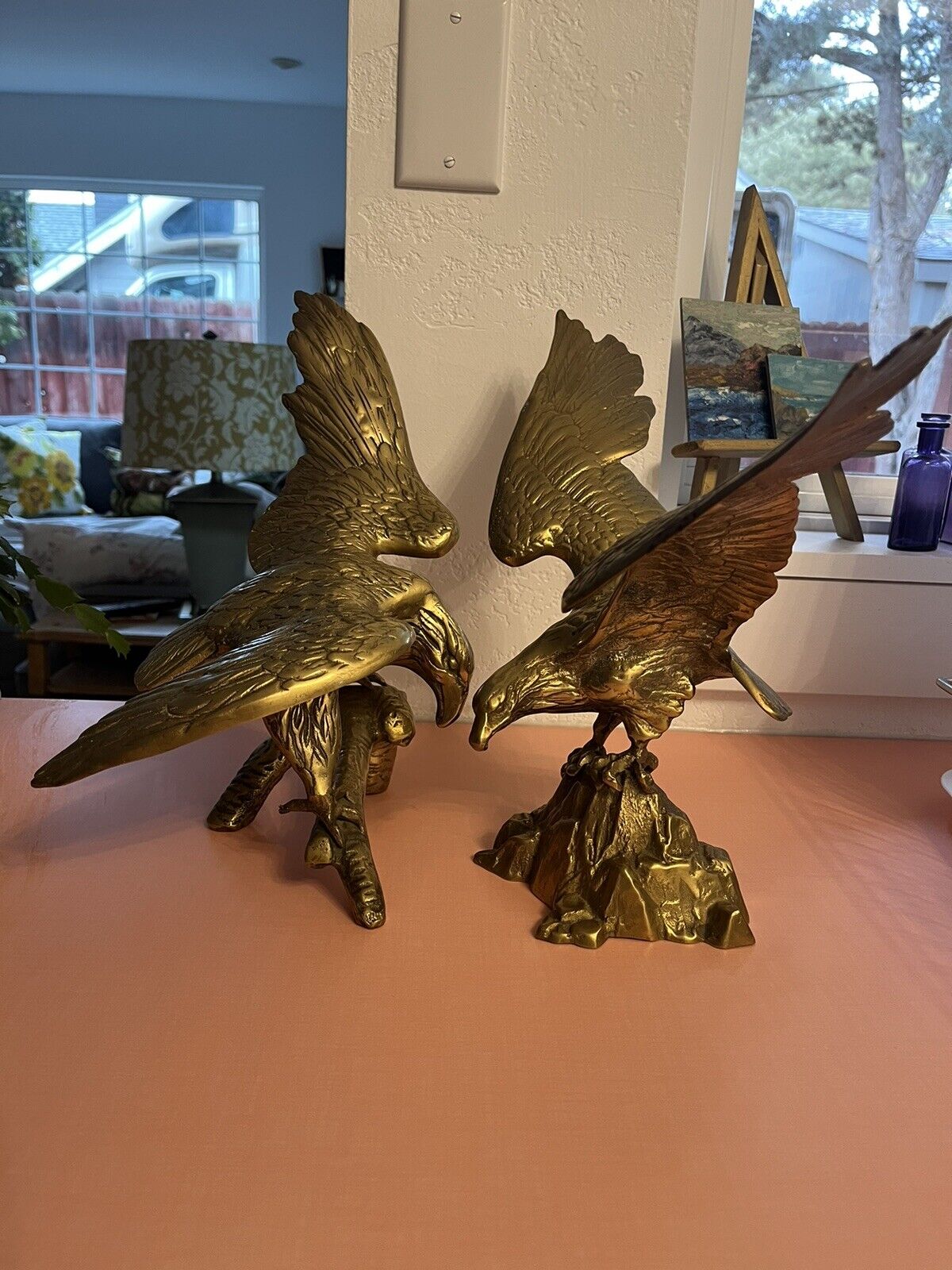 Magnificent Large Vintage Brass Eagle Statues, 12” Tall, 15” and 13” Wingspan