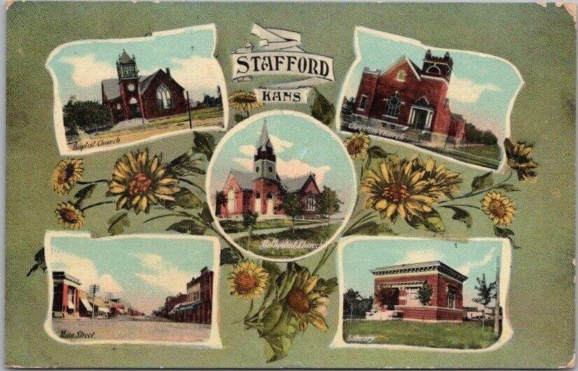 1911 STAFFORD Kansas Postcard Multi-View / 3 Churches Library & Main Street View