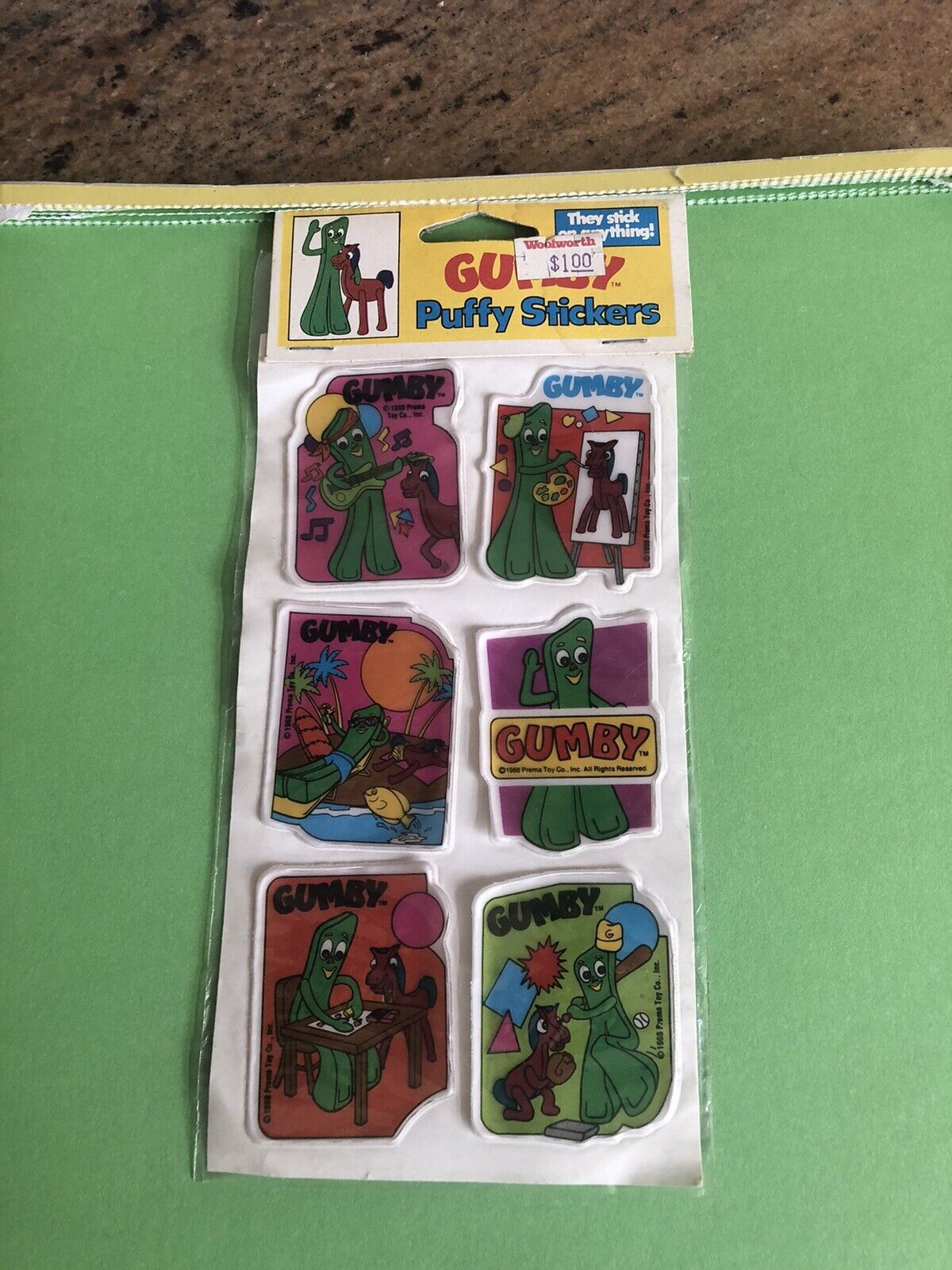 Gumby Pokey Cartoon Puffy Stickers Vintage NOS Sealed 1988 Gordy Prema Toy Taiwa
