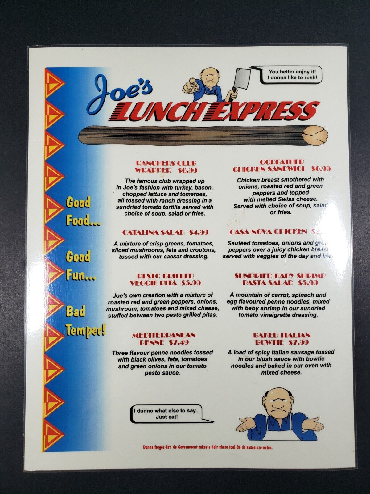 Restaurant Menu Crabby Joe’s Lunch Express Tap Grill London Ontario Bad Temper