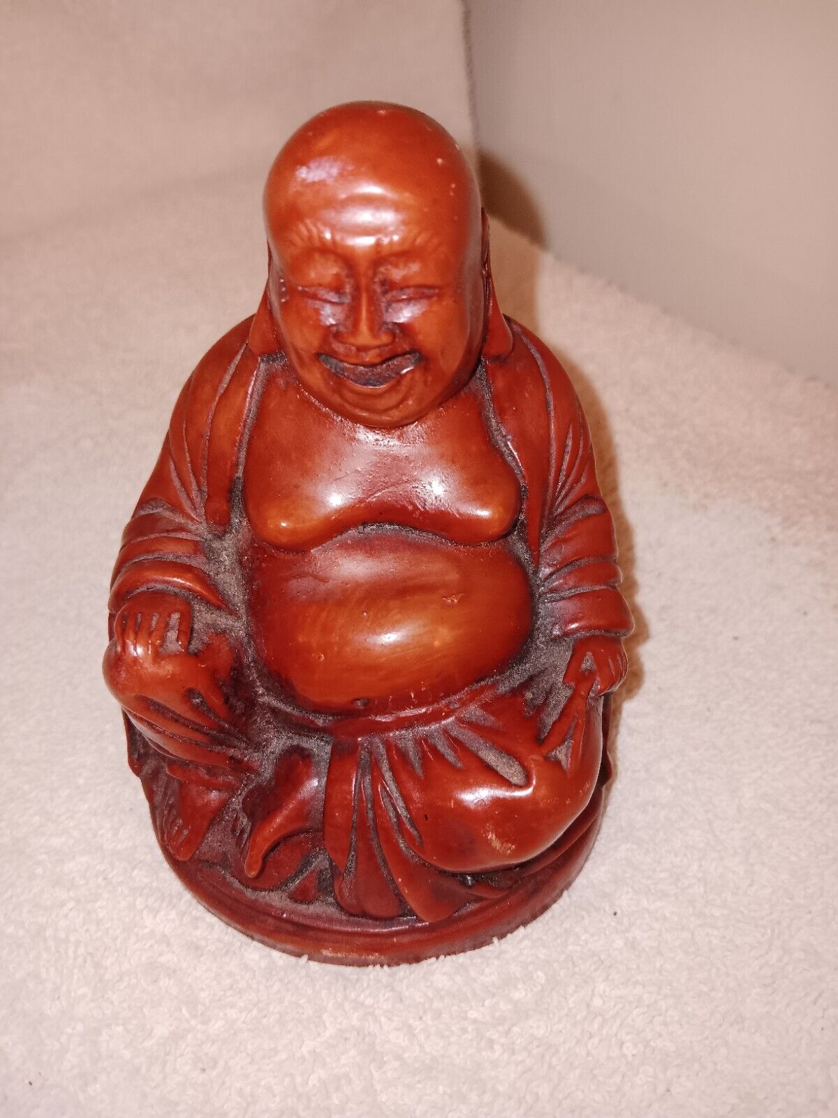 Vtg Laughing Buddha Resin Statue Red 4.5in Tall