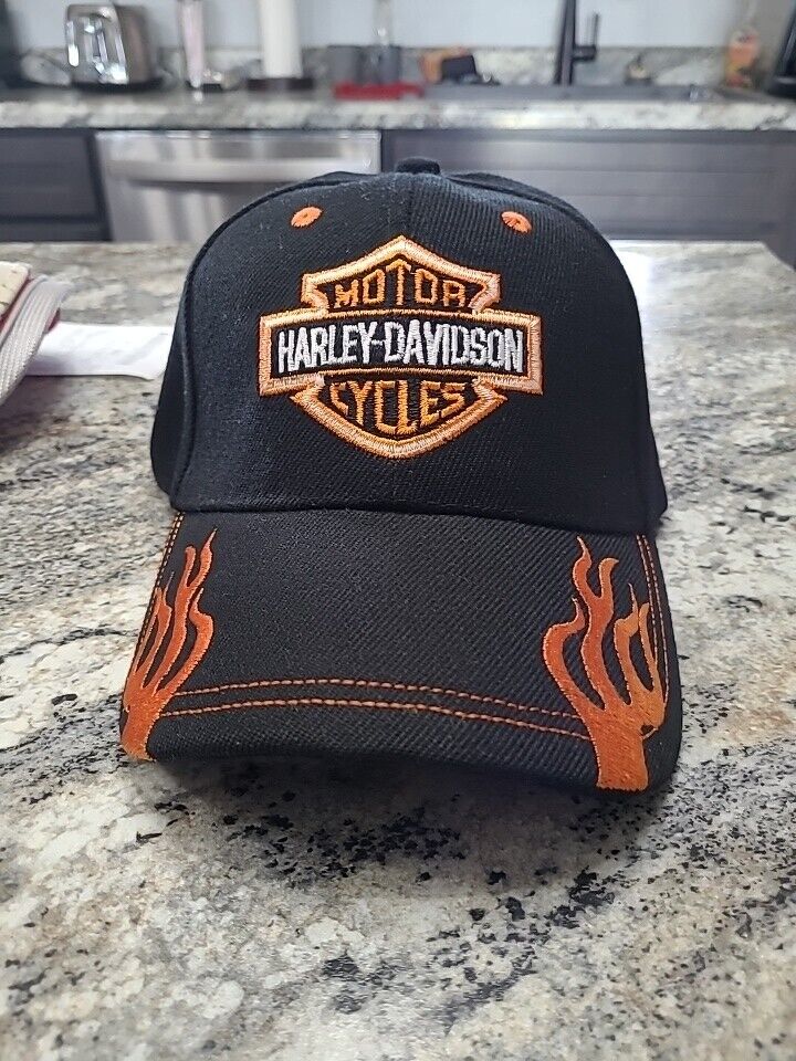 Harley Davidson Cap - Embroidered Flames + Logo Baseball Hat - Adjustable Fit