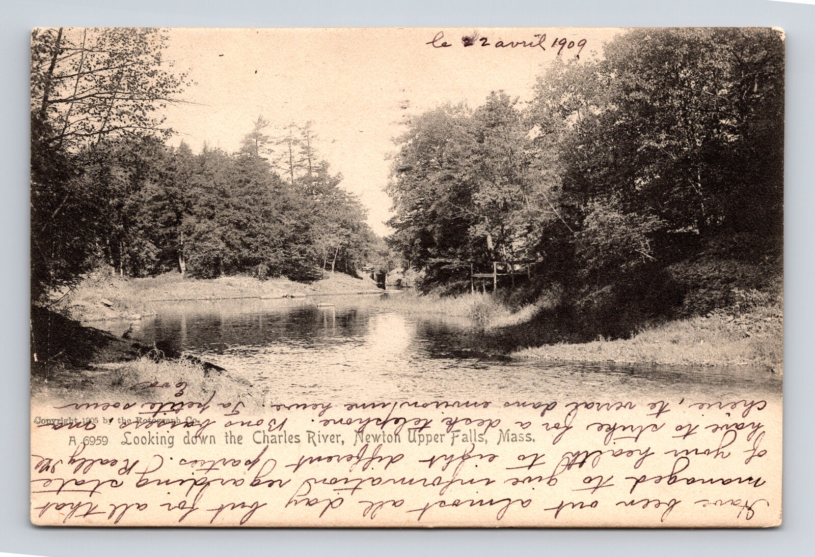 1909 Postcard Newton Upper Falls MA Mass View of Charles River Rotograph