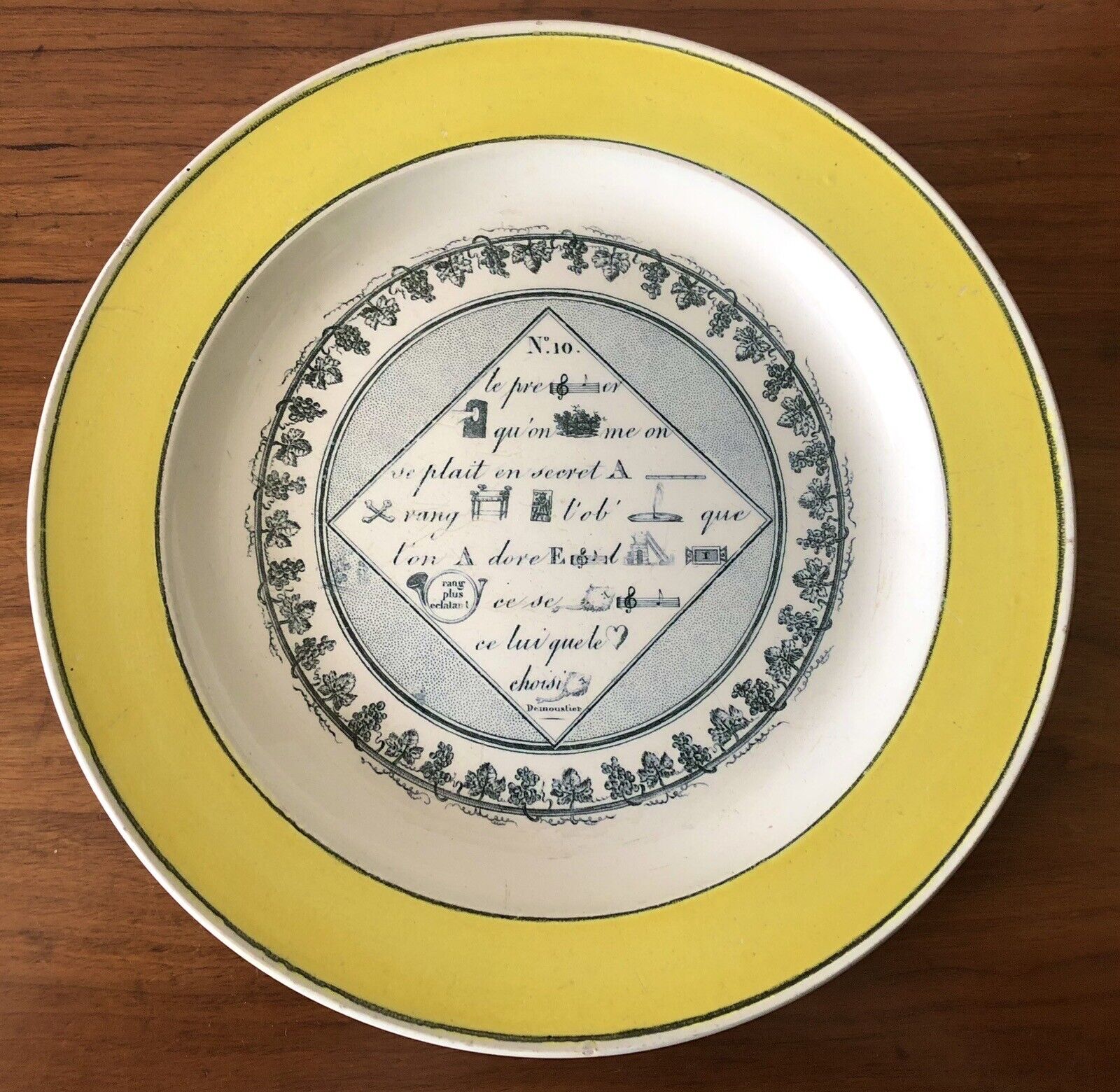 Antique c1830 French Creil Montereau Rebus Riddle Plate #10 Canary Yellow Border