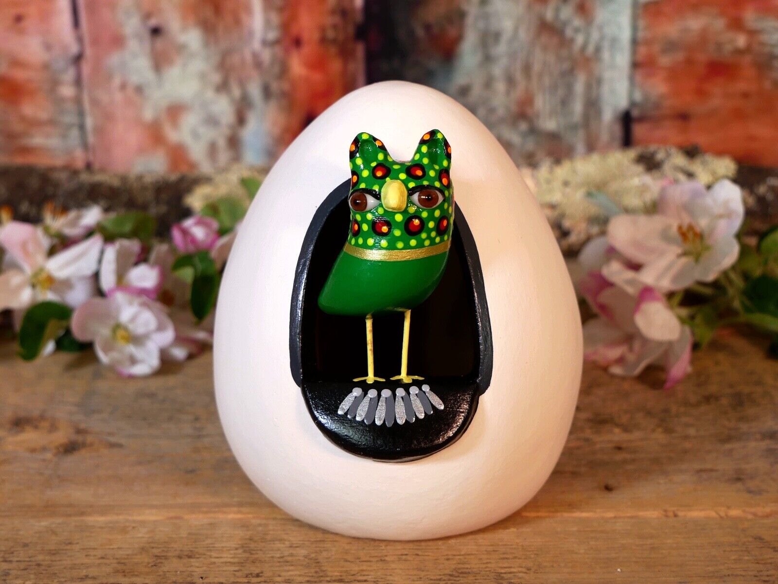 Green Baby Owl in Egg Handmade by Prudencio Guzman Clay Tonalá Mexican Folk Art