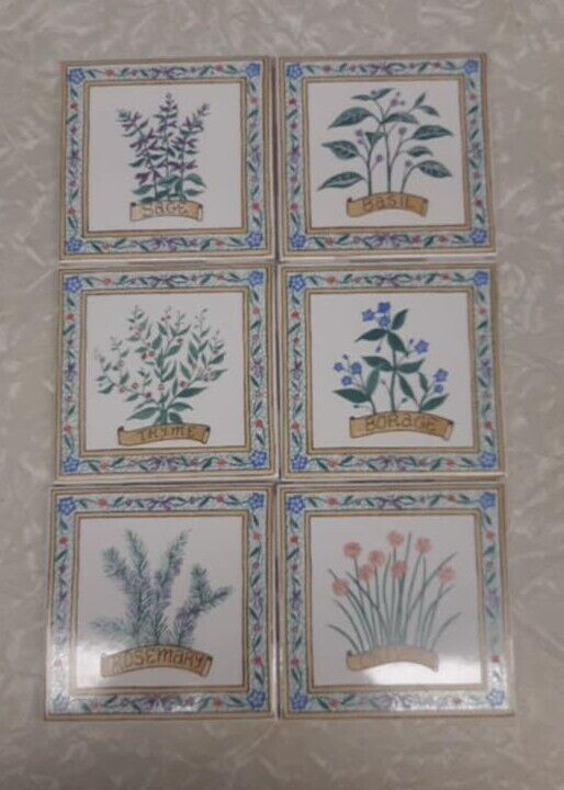 Vintage USA Ceramic Tiles 4.25 Set of 6 Herbs Sage, Thyme, Basil,Chives, Borage