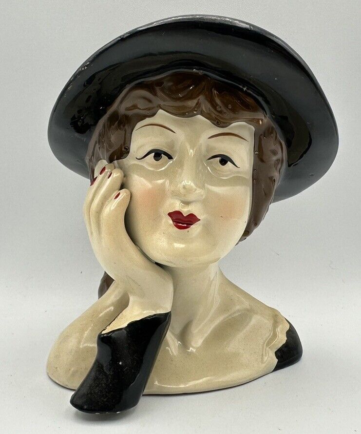 Lady Head Bust Figurine With Black Dress And Hat Ceramic 