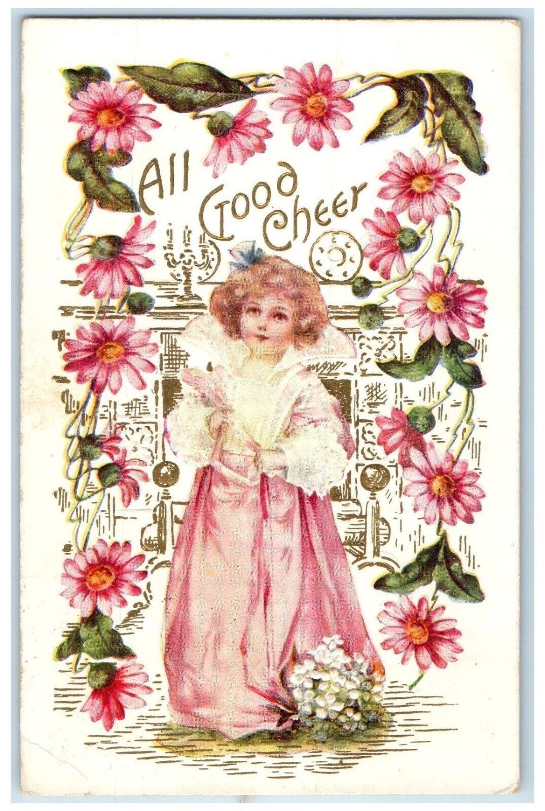 1909 Little Girl All Good Cheer Flowers Embossed Johnstown New York NY Postcard