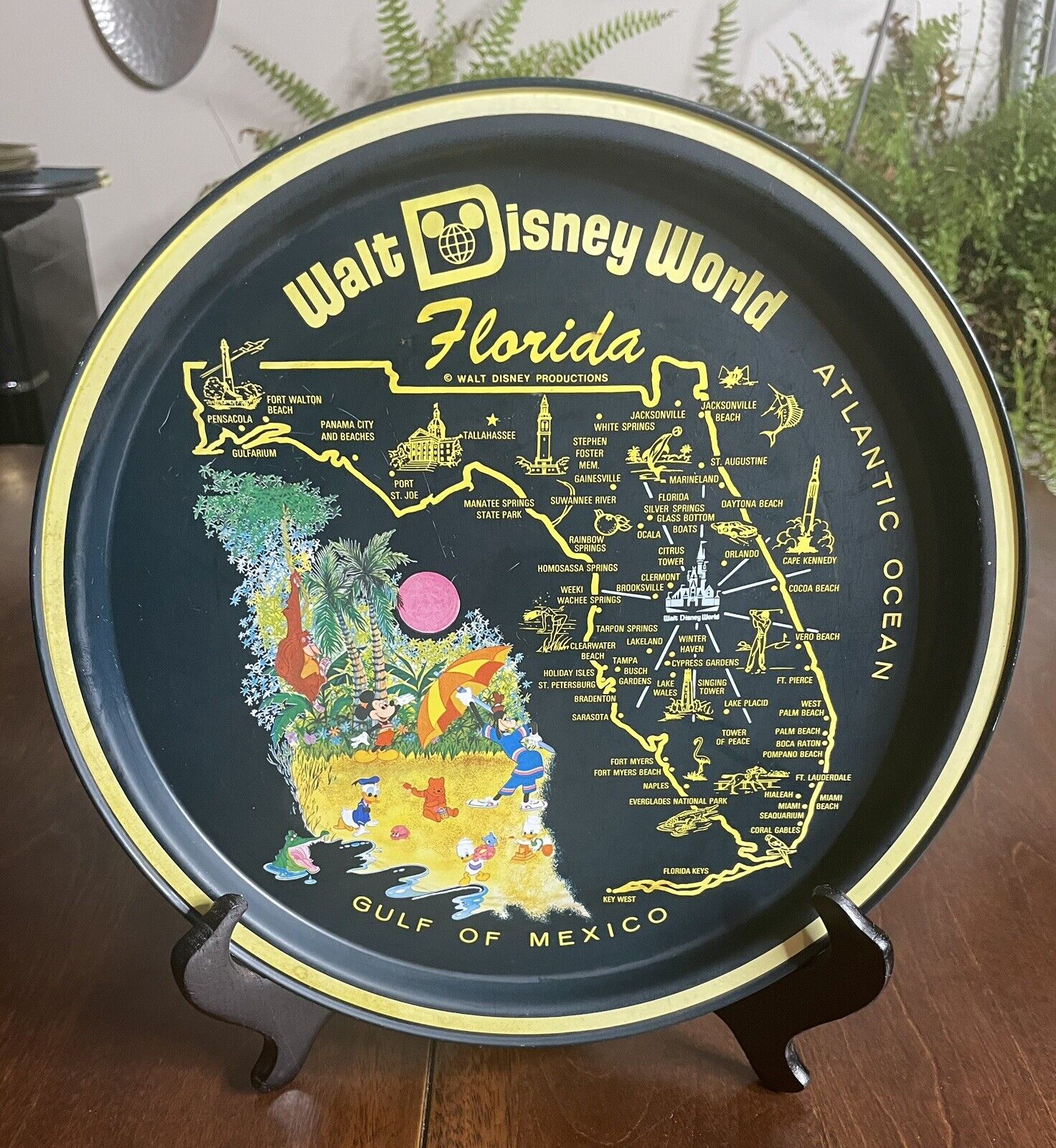 Vintage Souvenir Florida Map Metal Tray 11” Walt Disney World Atlantic Ocean