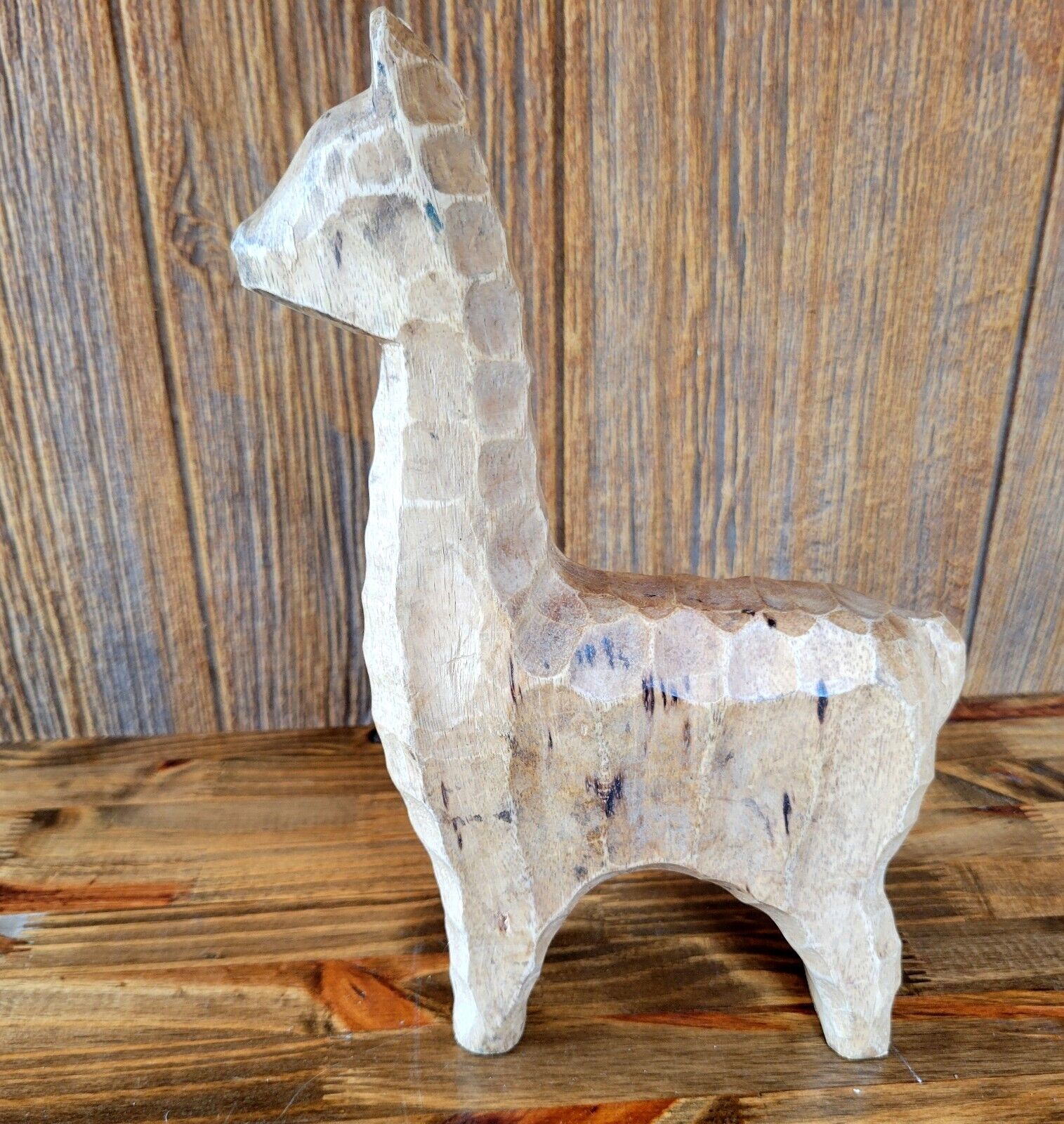 Rustic Folk Art Carved Wood Llama / Alpaca Figurine Statue 10\