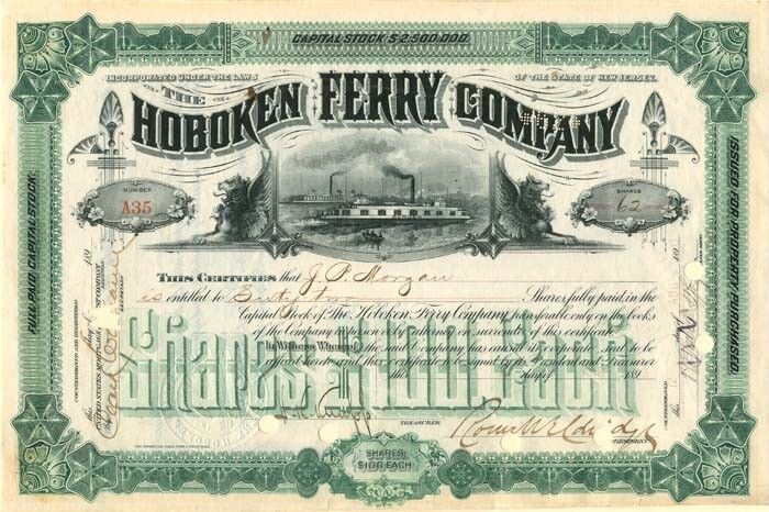 Hoboken Ferry Co. Issued to J.P. Morgan - Stock Certificate - Autographed Stocks