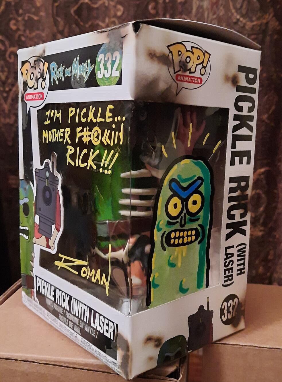 David Angelo Roman Signed Sketched Funko Pop #332 Pickle Rick with LAZER BURNS