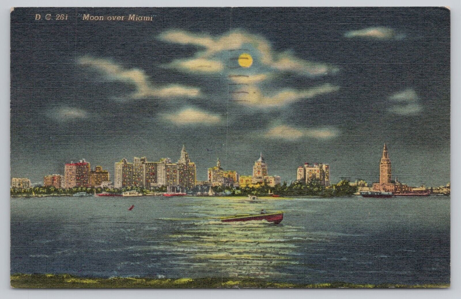 Postcard Moon Over Miami. City View with Boats. Vintage PM 1955