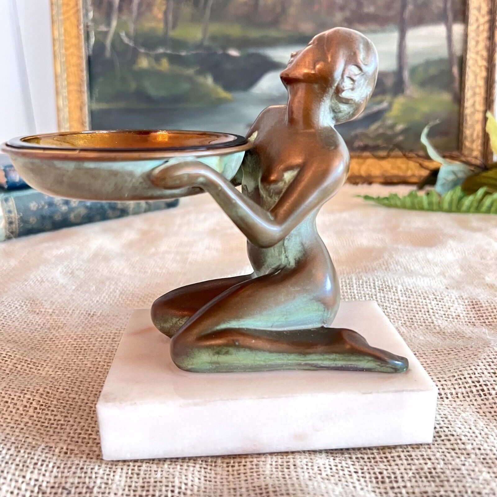 Vintage Bronze Art Deco Nude Ashtray Holder / Marble Base In The Style Frankart