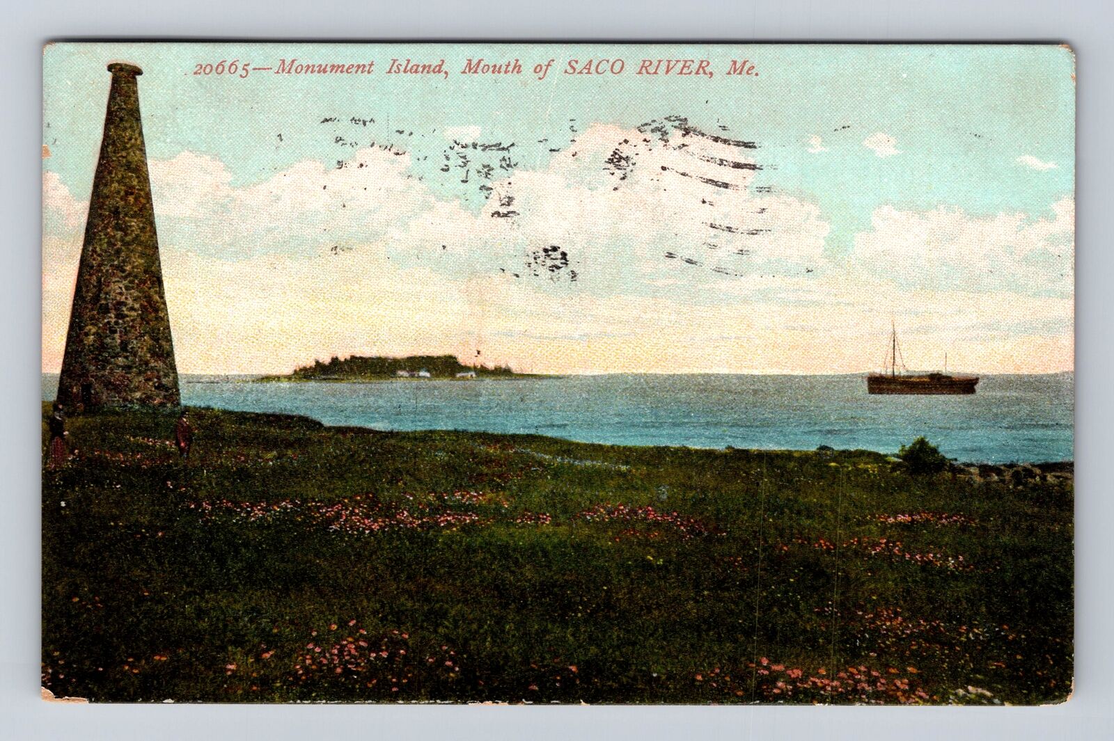 Saco River ME-Maine, Monument Island, Mouth Of River Vintage c1907 Postcard