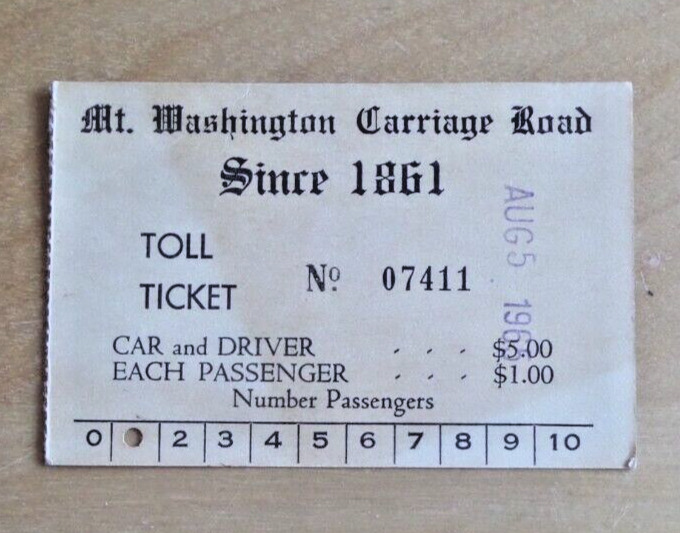 Mt. Washington Carriage Road paper ticket 1963 New Hampshire