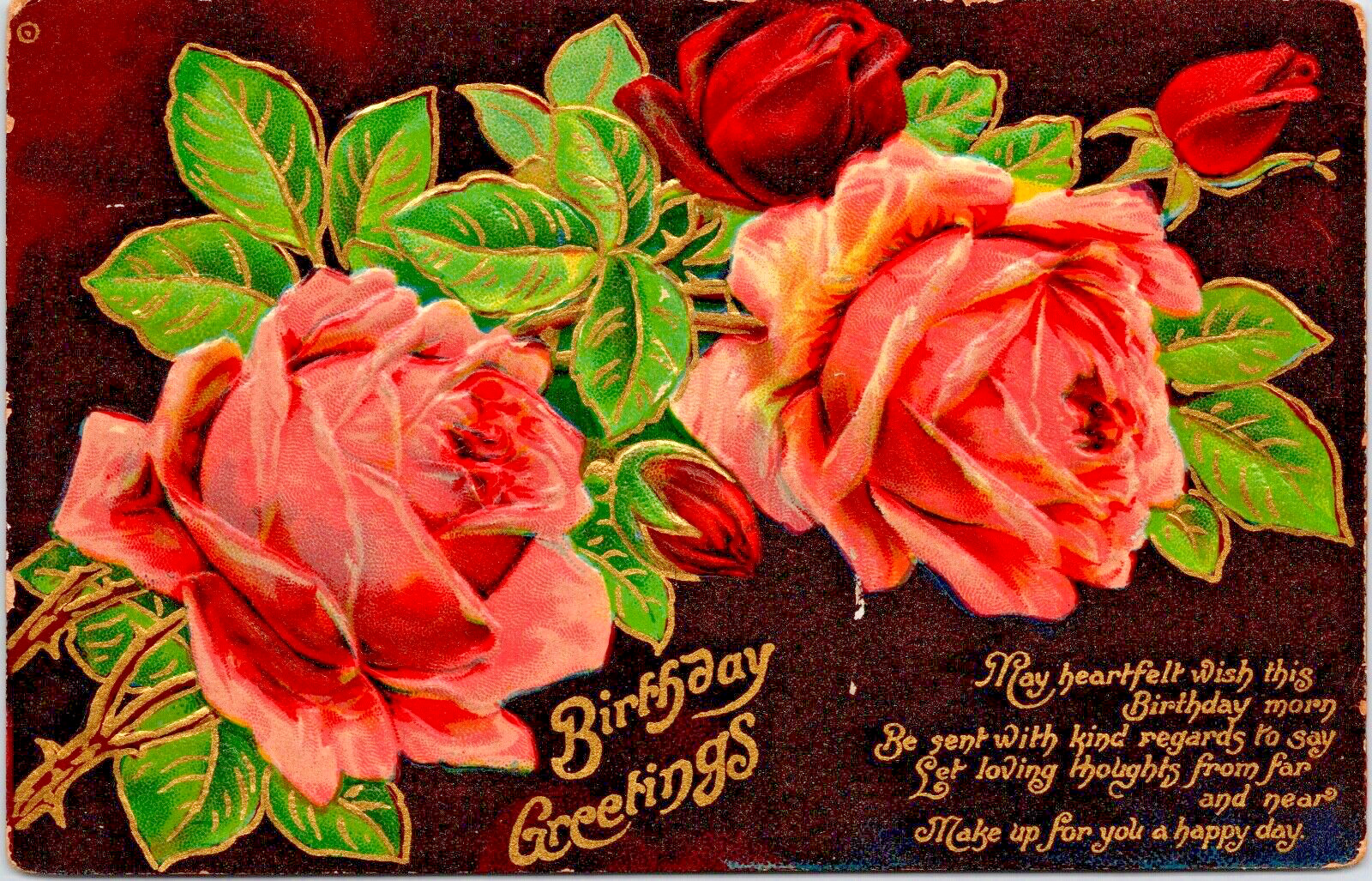 Birthday Greetings Pink Rose Spray  Gold Foil Poem Gel Card WOB 1909(A500)