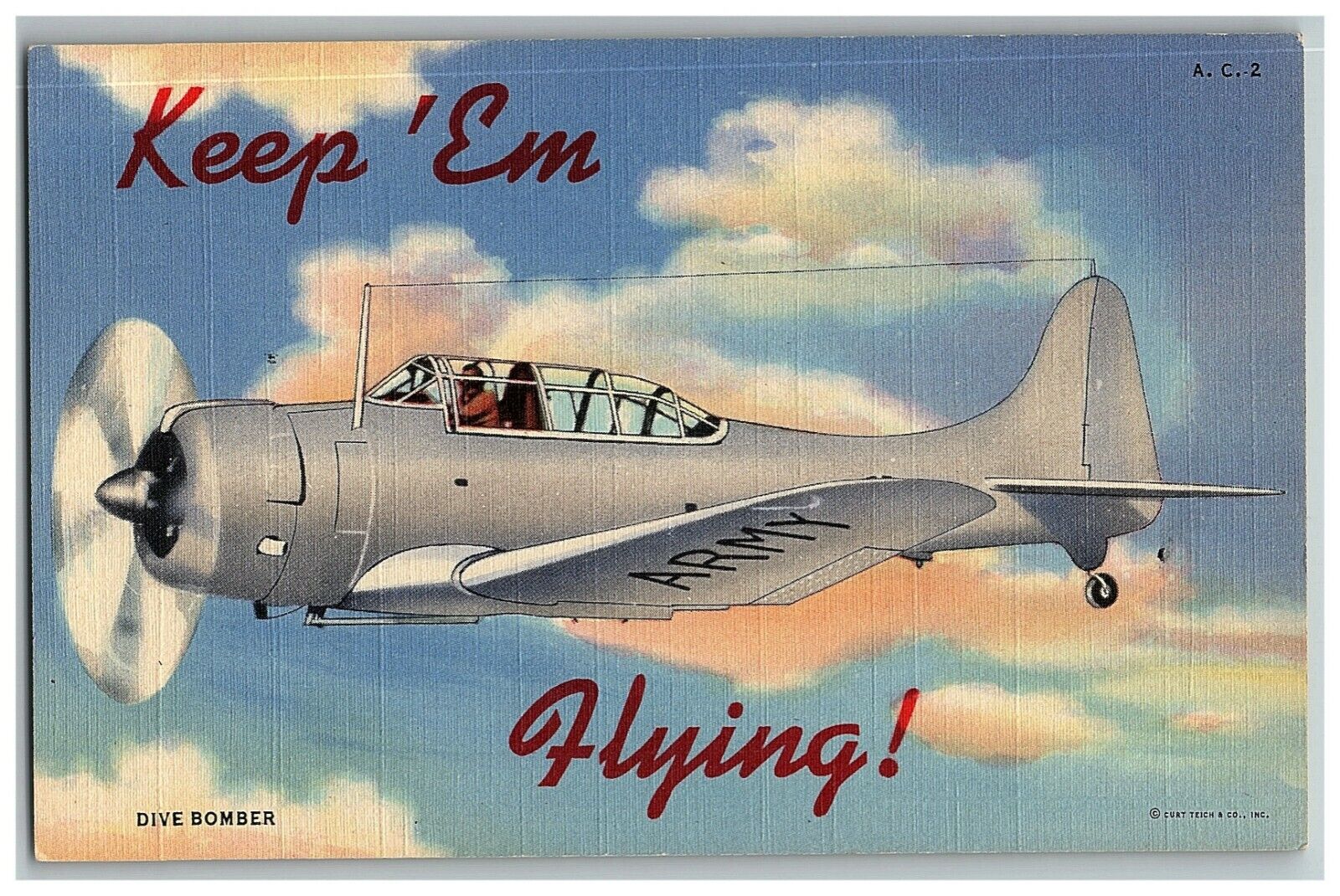 1942 Flying Keep Postcard \'Em Linen Wwii Military Dive Bomber Air Ww2 Army Teich