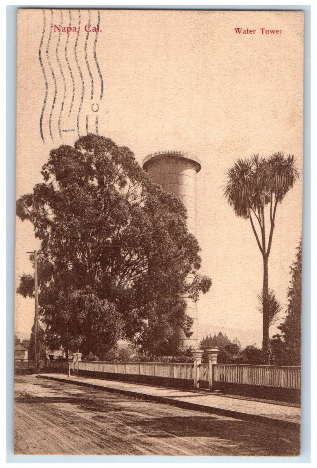 1907 Water Tower Trees Road Fence Scene Napa California CA Antique Postcard