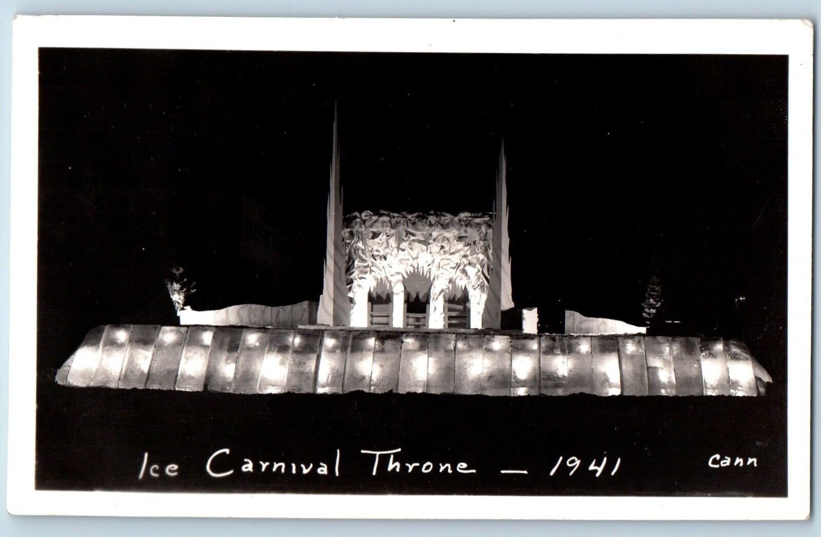 Fairbanks Alaska AK Postcard RPPC Photo Ice Carnival Throne Night View 1941