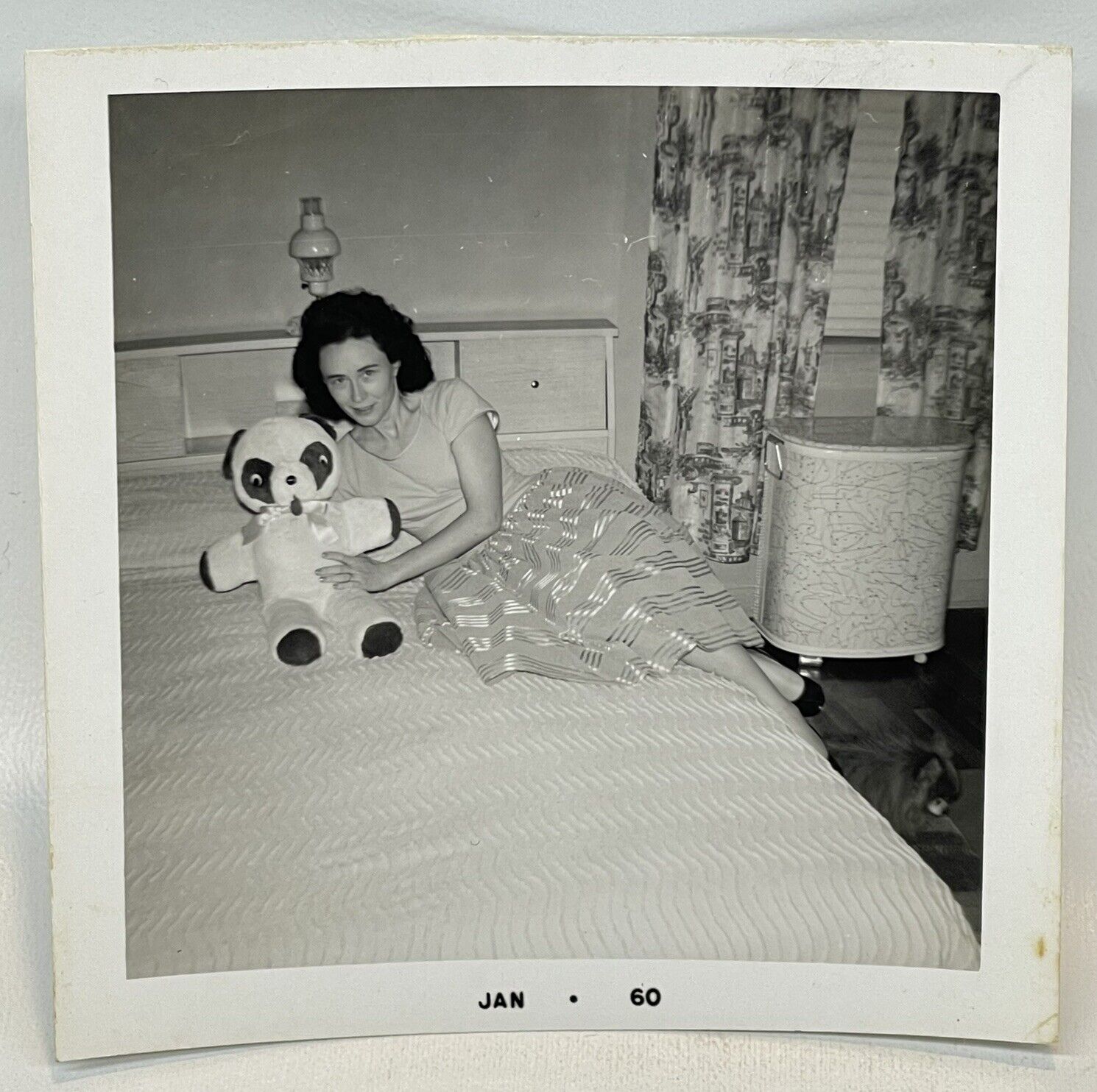Vtg 1960s Snapshot Photo Fashionable Woman Posing on Bed With Teddy Bear MCM