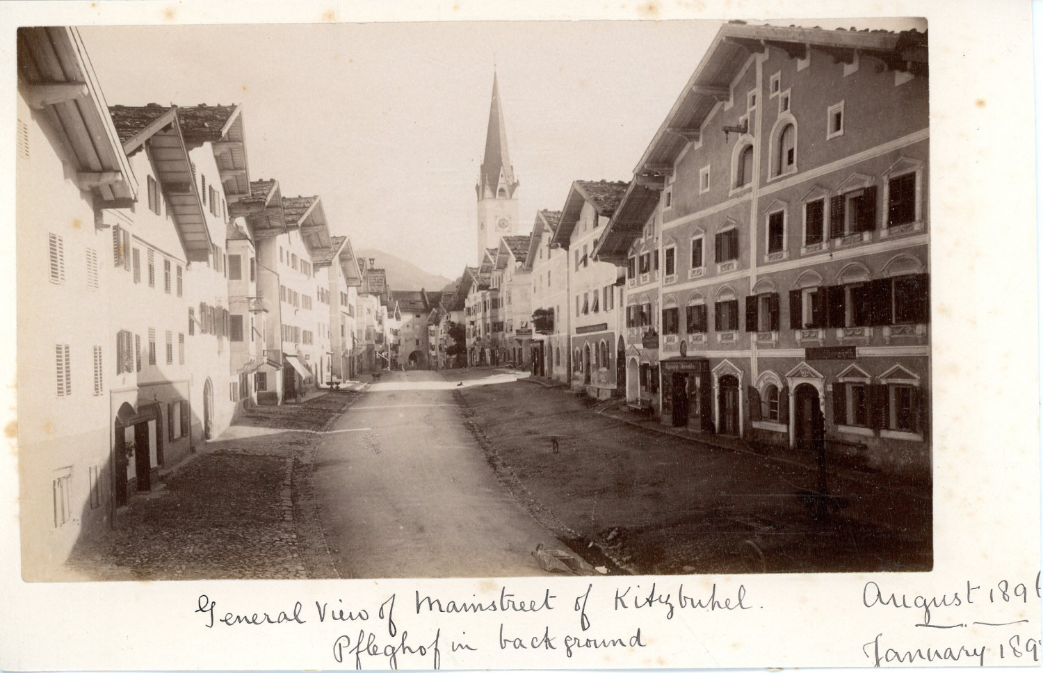 Austria, mainstreet of Kitzbühel, Pfleghof in background, 1896,1897 vintage alb