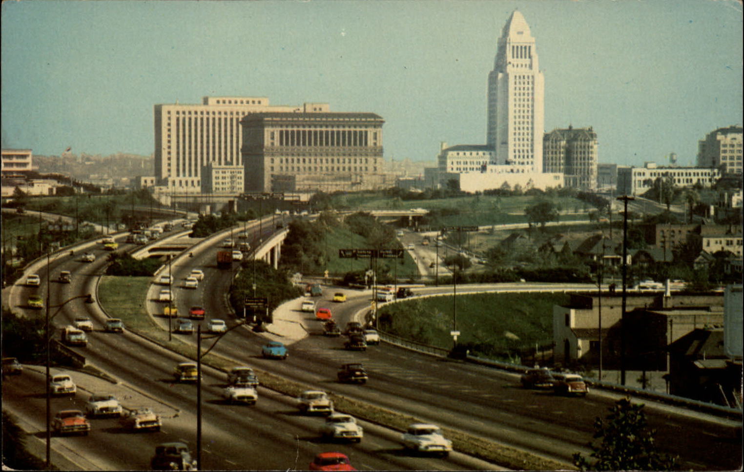 California Los Angeles Hollywood Freeway aerial view 1950s cars  postcard sku837