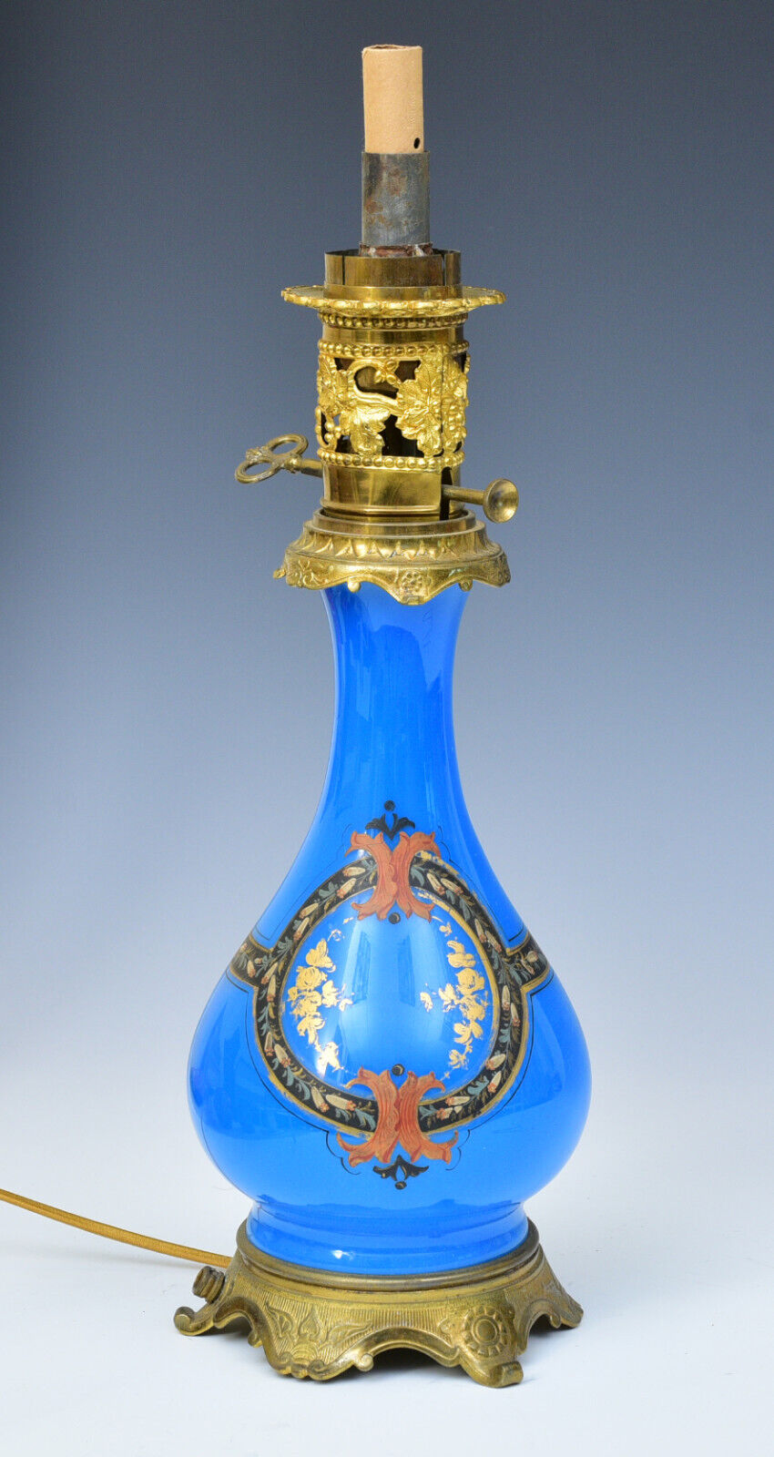 French Blue Opaline Glass Oil Lamp (now converted), circa 1880