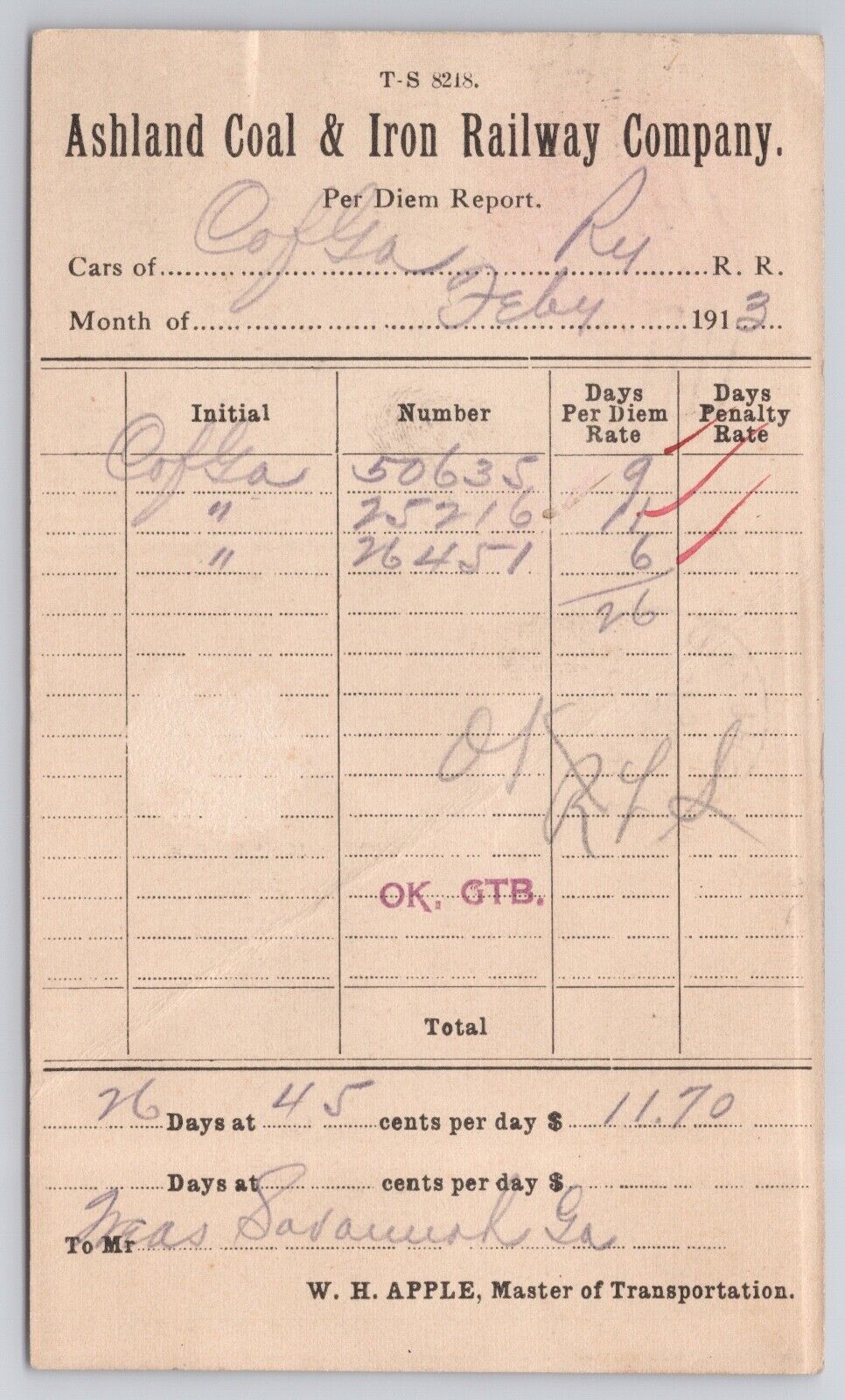 ASHLAND COAL & IRON RAILWAY COMPANY, PER DIEM REPORT c 1912 POSTAL CARD KENTUCKY