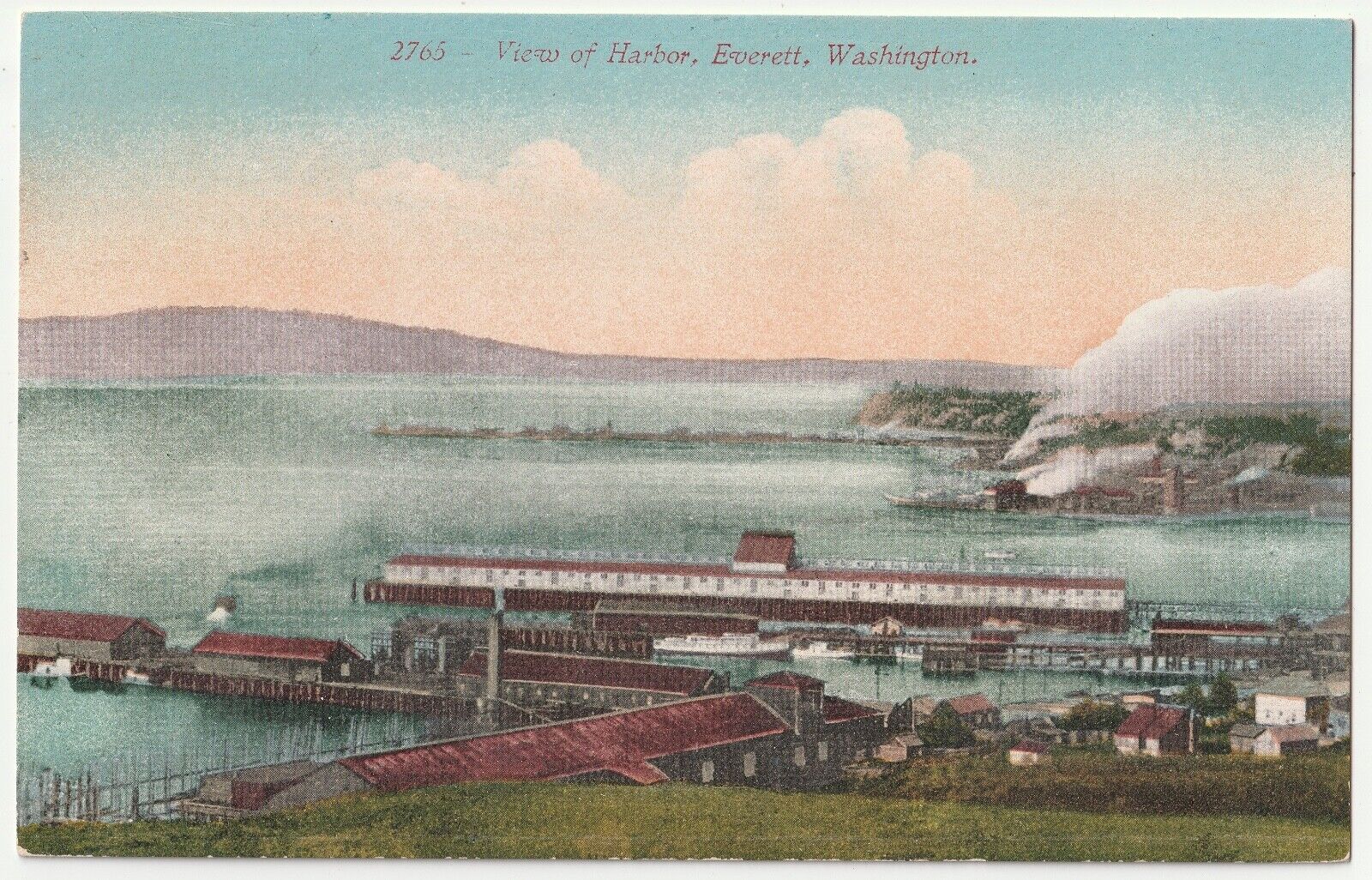 c1908 Everett Washington MIlltown Waterfront Pier & Smokestacks Antique Postcard