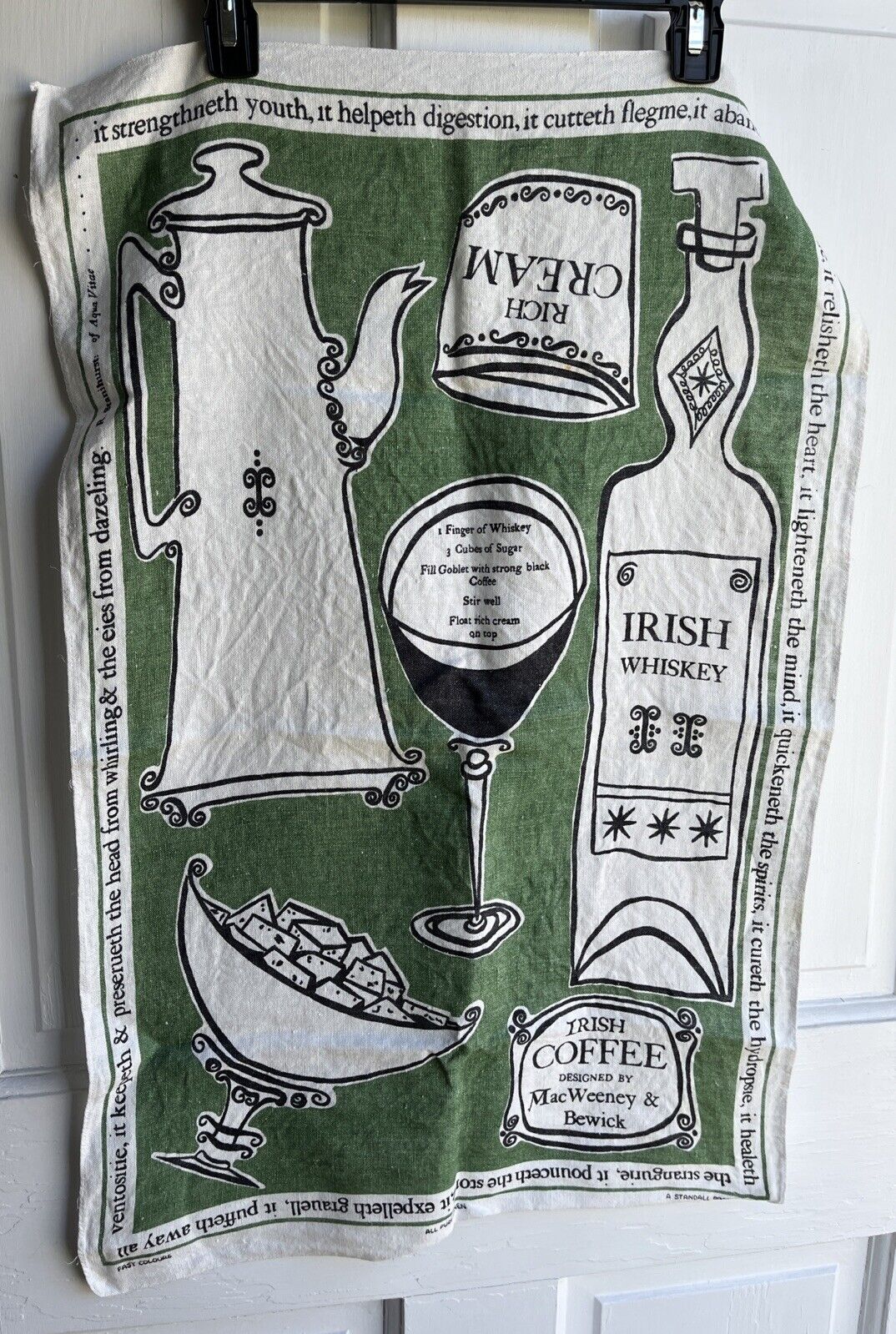 A STANDALL PRODUCTION Vtg JOHN MCGUIRE Linen Towel IRISH WHISKEY Green BAR TOWEL