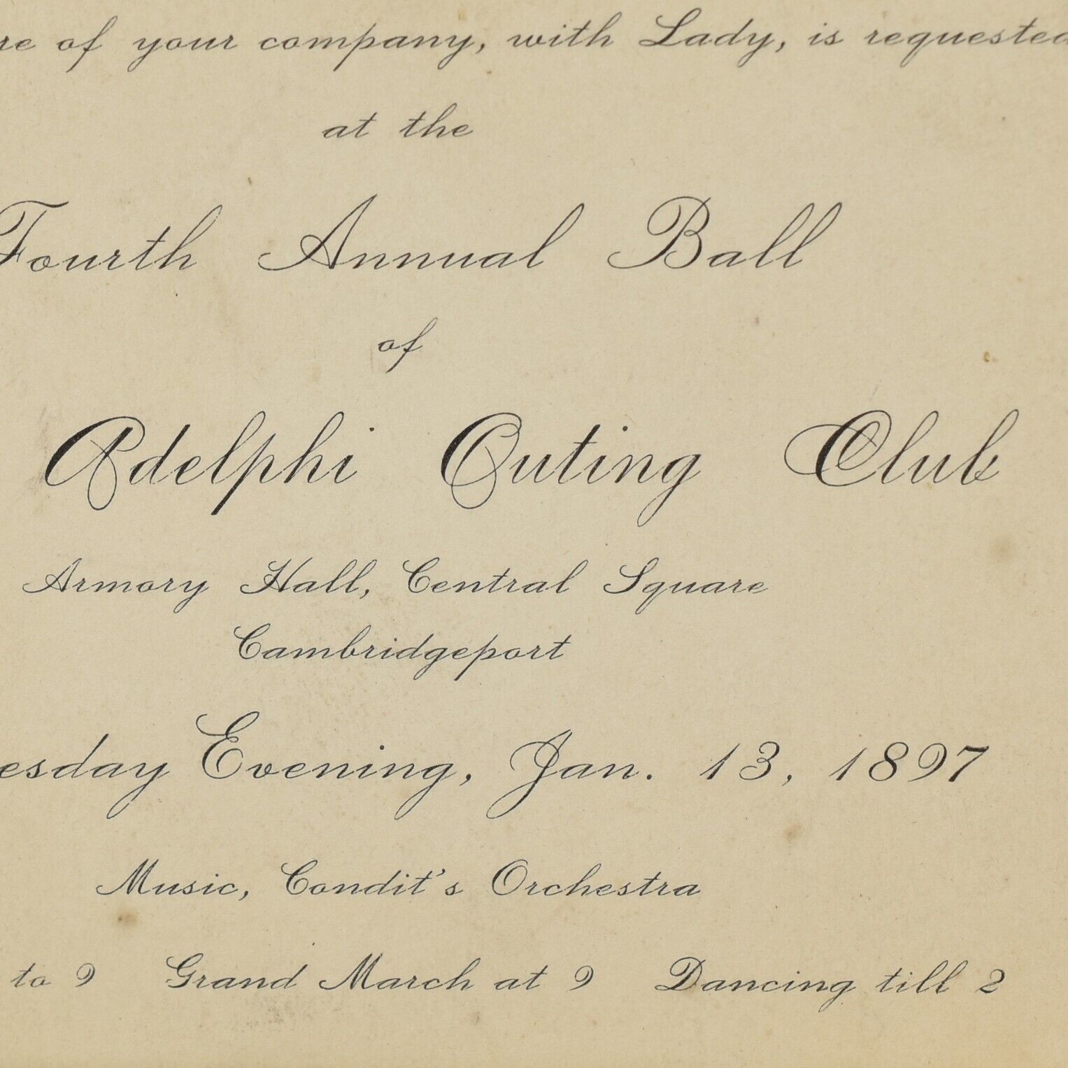 1897 Adelphi Outing Club Dance Invitation Condit Orchestra Cambridge Harvard MA