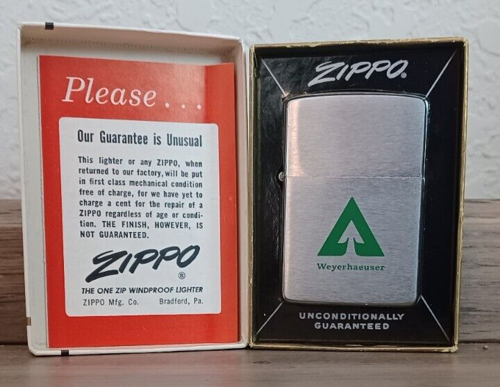 Vintage 1962 Zippo Lighter Weyerhaeuser W/Original Box & Paperwork